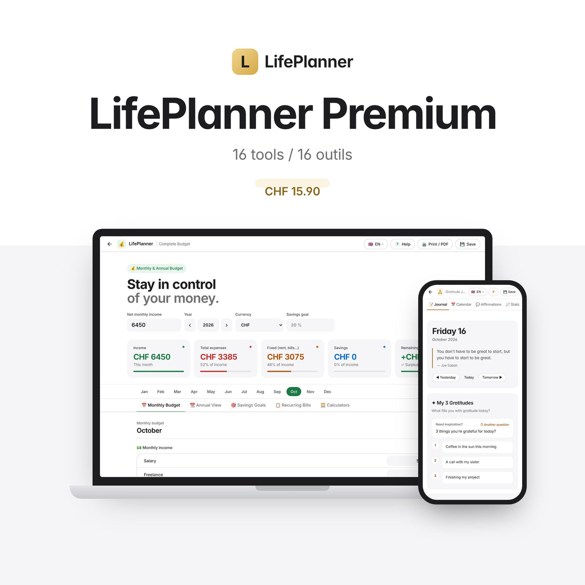 LifePlanner Premium : les 16 outils sur ordinateur et téléphone, CHF 15.90 par mois