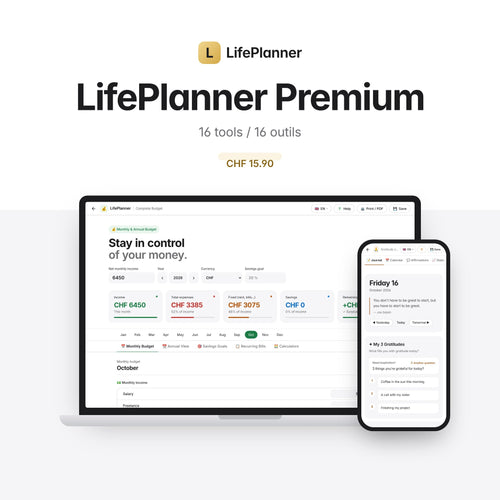 LifePlanner Premium : les 16 outils sur ordinateur et téléphone, CHF 15.90 par mois