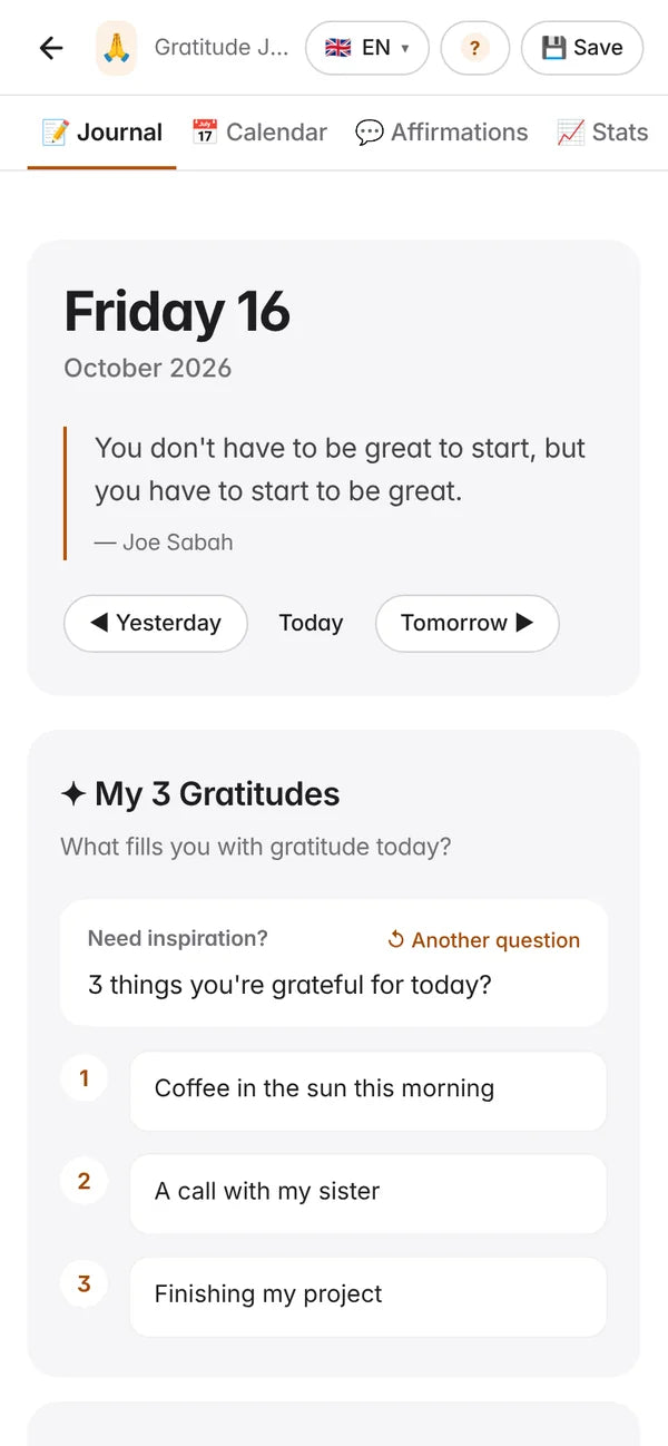 The gratitude journal on a phone
